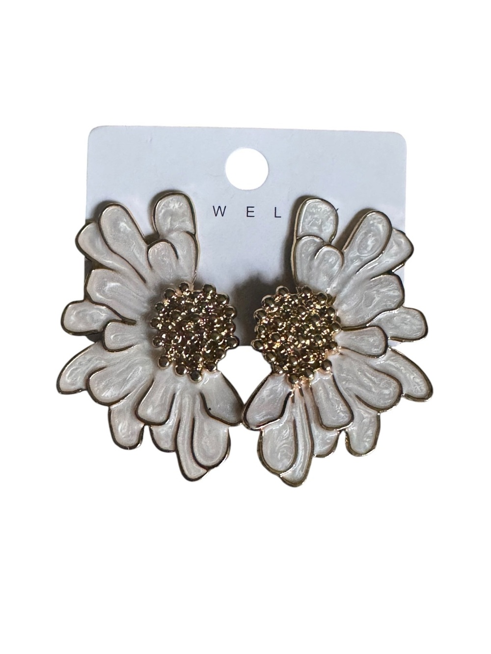 White Floral Statement Earrings with Gold Centers NEW